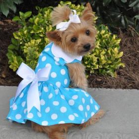 Blue Polka Dot Dog Dress with Matching Leash (DoggieDesign Size: X-Small)