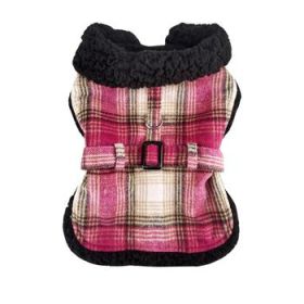 Sherpa-Lined Dog Harness Coat - Hot Pink & Tan Plaid (DoggieDesign Size: X-Small)