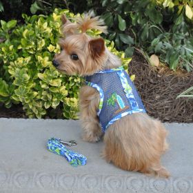 Cool Mesh Dog Harness with Leash - Surfboard Blue and Green - Ocean Blue and Palms (DoggieDesign Size: X-Small)